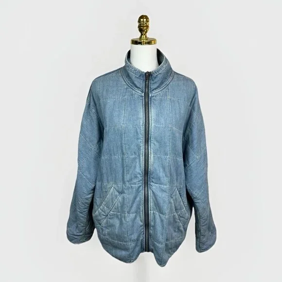 💙🧥 Free People We The Free Quilted Denim Jacket Dolman Oversized Medium - Picture 5 of 14